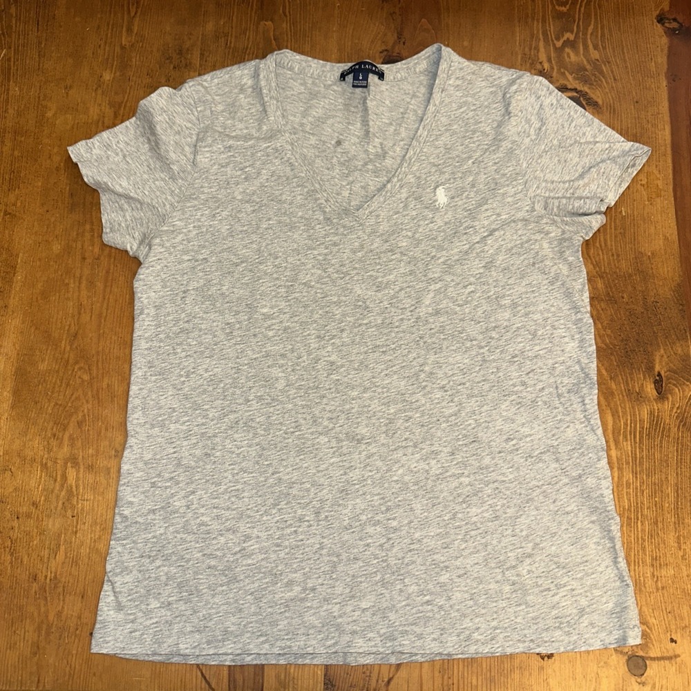 Polo Ralph Lauren Womens Large Gray  V-neck T-Shirt Pony Logo Short Sleeve Tee